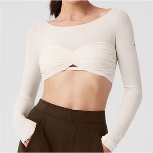 ALO Yoga Cream Ruched Cut Out Bodysuit